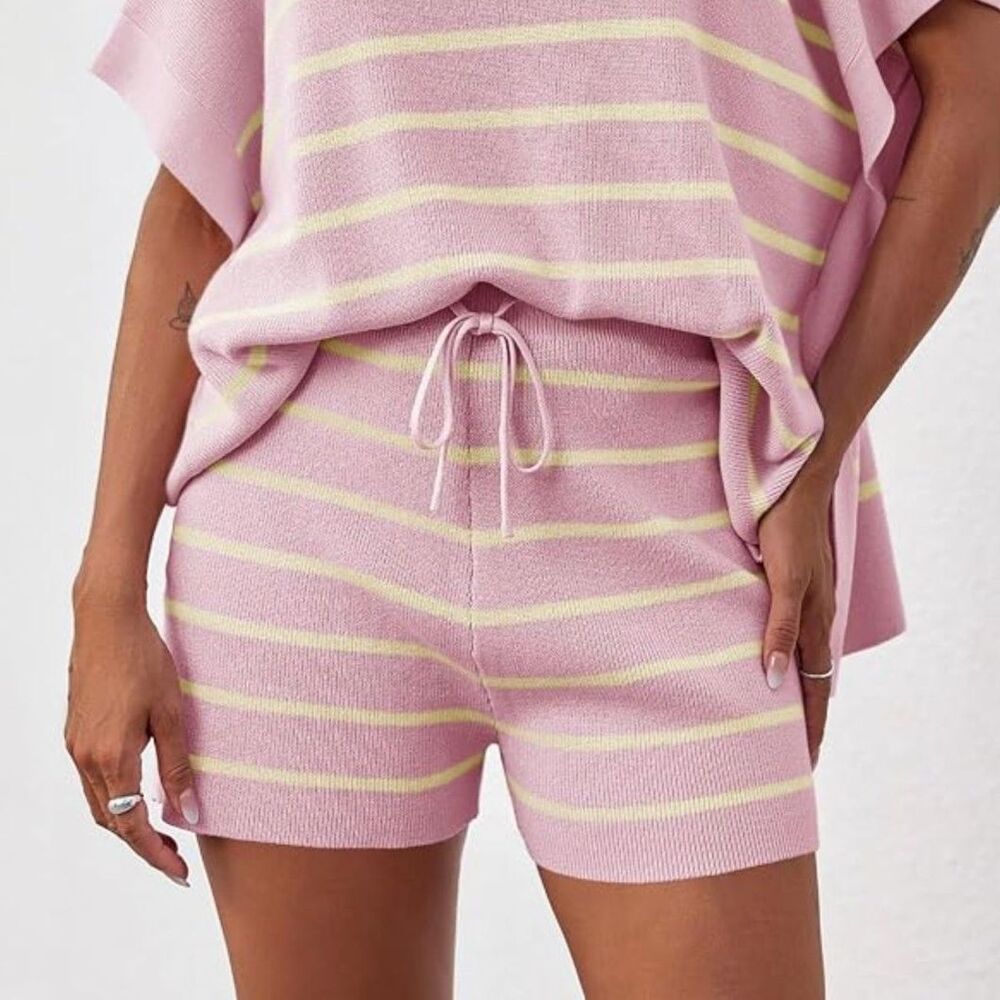 Pink Yellow Striped Knit Lounge Shorts Size Small Drawstring Waist Preppy